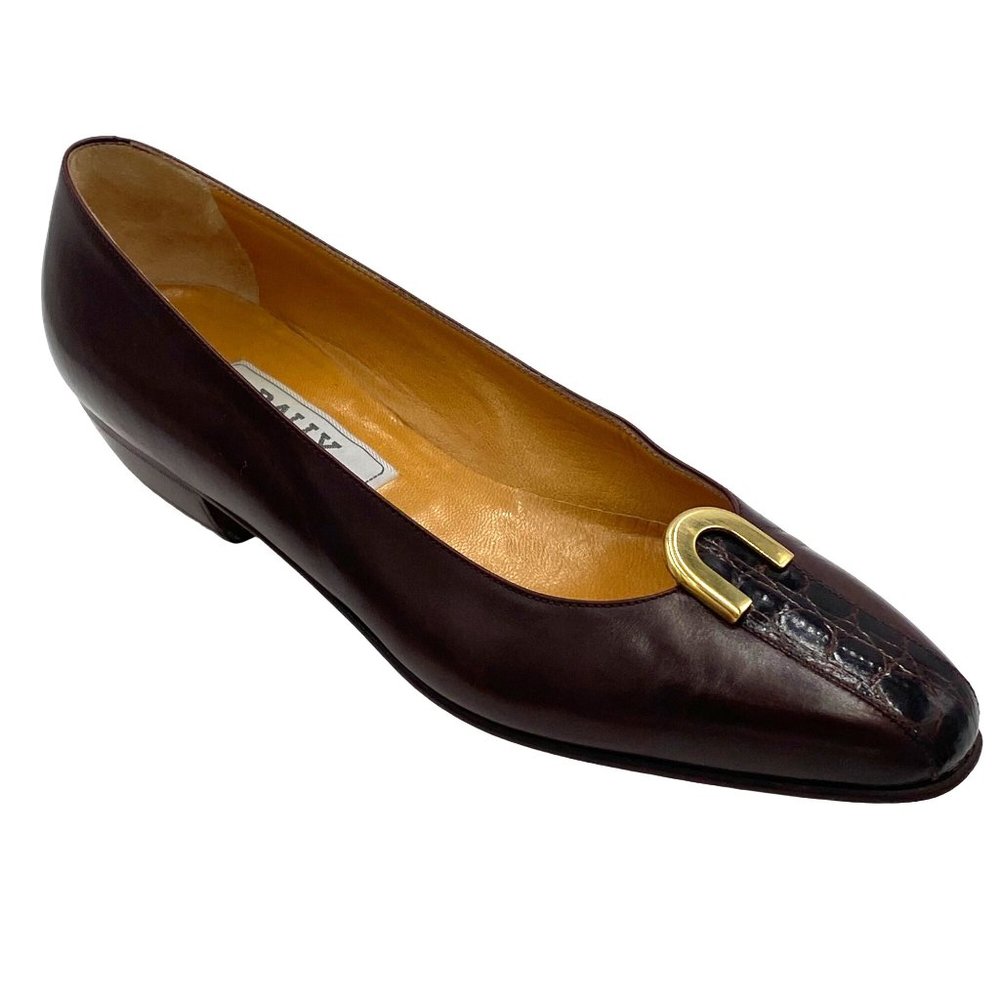 Vintage Italy Bally Dress Flats Alligator Calfskin Shoes Burgundy Gold Women's 8